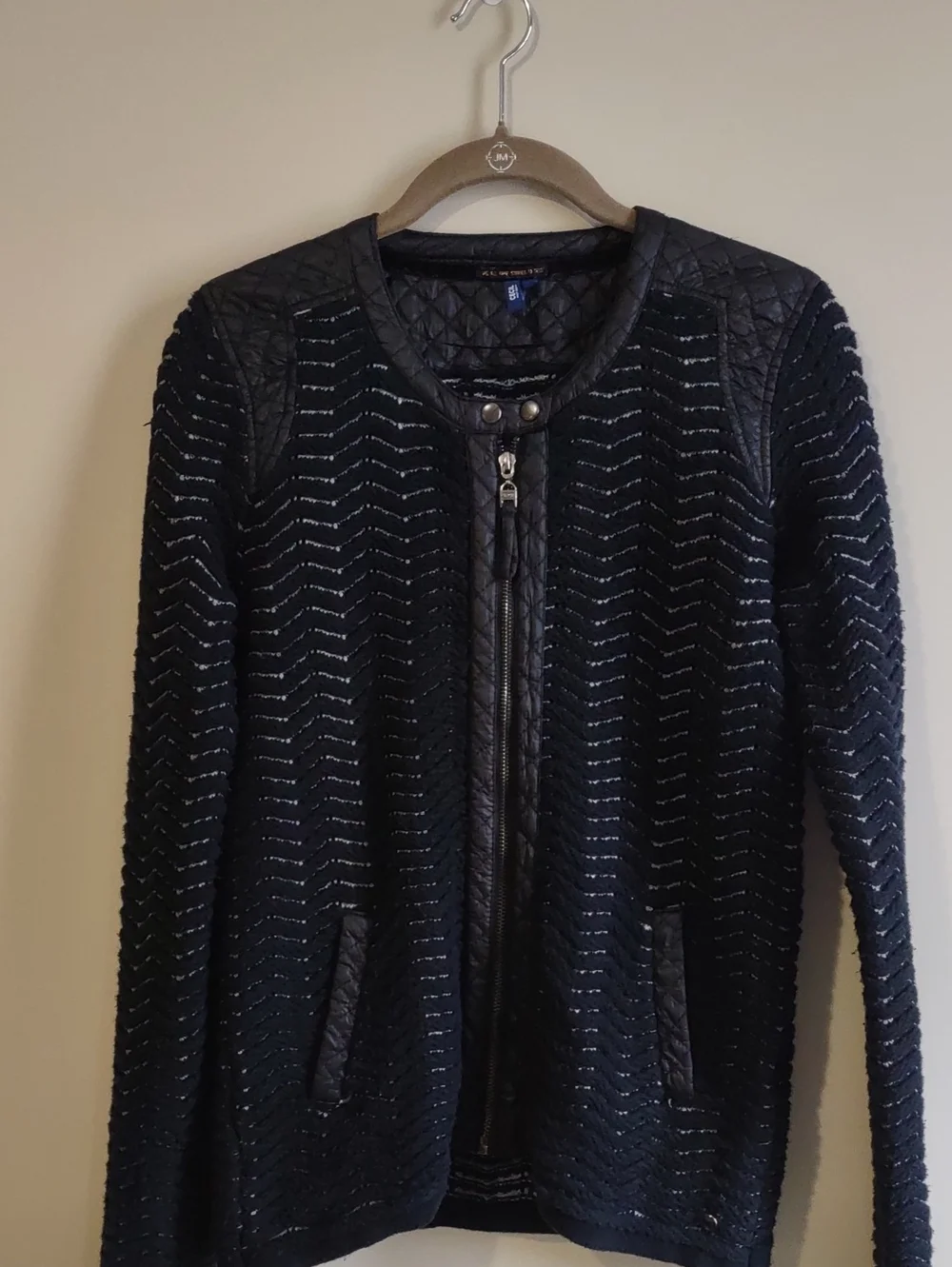 CECIL Black Quilted Trim Knit Zip Front Faux Leather Cardigan. Size Small